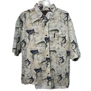Magellan Shirt Men 2X‎ Fish Print Camp Tropical Marlin Hawaiian White Shirt